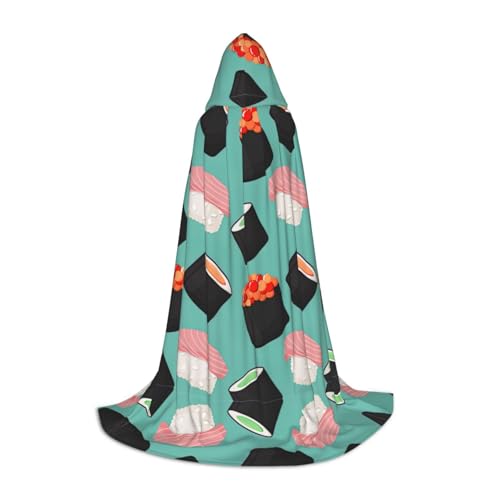 Kfjghhl Sushi-Essensmuster, langer Umhang mit Kapuze, Umhang, Hexenkostüm, Halloween-Kostüm, für Damen und Herren, 88,9–149,7 cm Kfjghhl Sushi-Essensmuster, langer Umhang mit Kapuze, Umhang, Hexenkostüm, Halloween-Kostüm, für Damen und Herren, 88,9–149,7 cm von Kfjghhl
