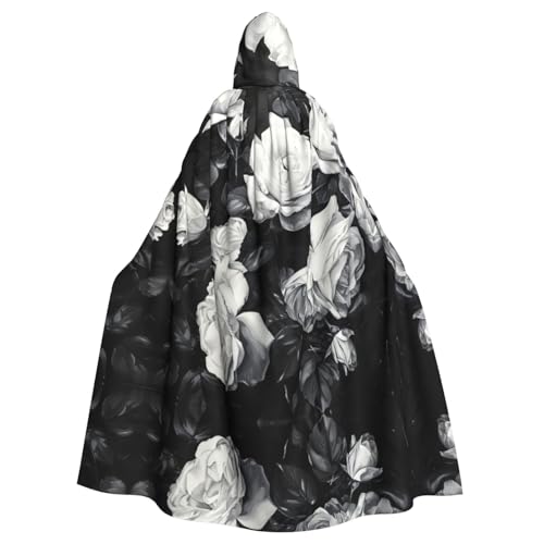Kfjghhl Unisex Kapuzenumhang mit schwarzer weißer Rose, Kostüm, Party, Halloween, Cosplay, Erwachsene, Kapuzenmantel, Weihnachten, 147,3 cm von Kfjghhl