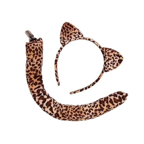 Kfwfuaee Weiches Leopardenmuster, Katzenohren, Stirnband mit abnehmbarem Schwanz, praktisches Rollenspiel-Kostüm, Ausrüstung für Kinder und Erwachsene, Halloween-Ohren, Kopfschmuck von Kfwfuaee