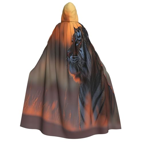Khkbnb Kapuzenumhang für Erwachsene, Motiv: Tiger unter dem Sonnenuntergang, Halloween-Kostüm, perfekt für Hexen-Cosplay, Horror-Halloween-Partys von Khkbnb