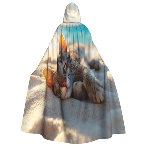 Khkbnb Kapuzenumhang mit Katzen am Strand, Halloween-Kostüm, perfekt für Hexen-Cosplay, Horror-Halloween-Partys von Khkbnb