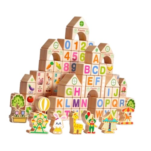 KiBcsLic 100 Teiliges Holzbaustein Set für Kinder Zum Spielerischen Lernen von Buchstaben, Zahlen Und Formen, Fassverpackung von KiBcsLic