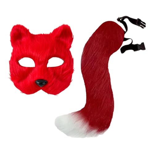 KiBcsLic Halloween Cosplay Tierverkleidung Katzenmaske Und Plüsch Schwanz Set Als Tierkostüm Accessoires für Mädchen Frauen Karneval Maskenball Rollenspi, Rot von KiBcsLic