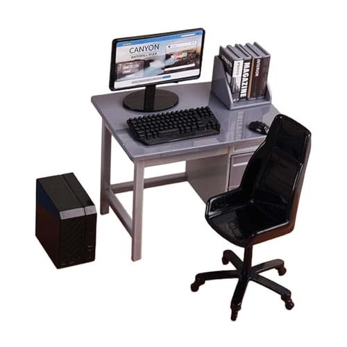 KiBcsLic Miniatur Schreibtischset Als Büroszenen Dekoration mit Tisch Stuhlmodell Und Computermodell für Realistische Darstellung für Modelleisenbahnplatten Un, Grau von KiBcsLic