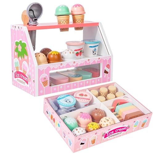 Eisdiel-Spielzeug-Set für Kinder, Eisbank aus Holz mit Zubehör, inklusive Eiscreme, Spielset für Kinder, Spielzeug mit Essen, Menü und Geld zum Spielen von Kibi Store