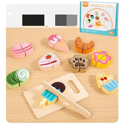 Kibi Holzschneide-Spielzeug, Set mit 4 Themen mit Essen, Dessert, Obst und Gemüse, für Kinder ab 3 Jahren Spielzeug Küche für Kinder, Set aus Holz zum Schneiden Spielzeug (Dessert) von Kibi Store