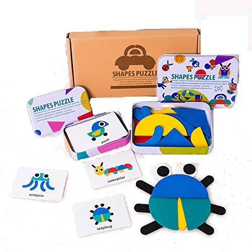 Kibi Montessori Holzpuzzle, Tangram Toy Card lustiges Lernspielzeug mit 36 geometrischen und 60 Lernkarten für 3 4 5 6 Jahre Kinder (Gelb) von Kibi Store