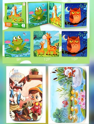 Magnetpuzzle für Kinder, 3-in-1-Puzzle, Tierpuzzle, Geschenk für Kinder 3 4 5 Jahre 60 Teile aus Holz Jigsaw Puzzle Holzspielzeug mit Metallbox (Grün) von Kibi Store