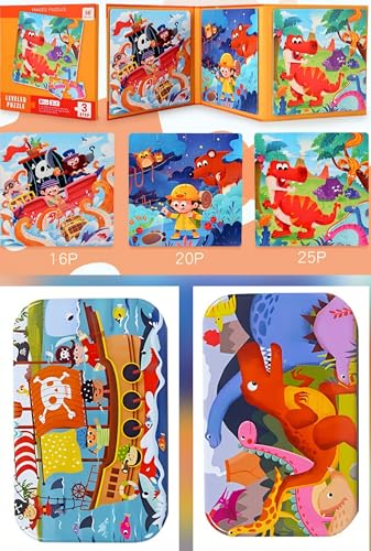 Magnetpuzzle für Kinder, 3-in-1-Puzzle, Tierpuzzle, Geschenk für Kinder 3 4 5 Jahre 60 Teile aus Holz Jigsaw Puzzle Holzspielzeug mit Metallbox (Orange) von Kibi Store