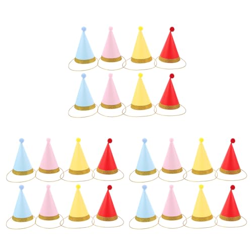 Kichvoe 24 Stück Kegelhüte für Kindergeburtstage – Partykappen aus Papier mit Pompons und Goldrand – Kopfbedeckungen für Kleinkinder für Partys, Feiern, Hutdekorationen von Kichvoe