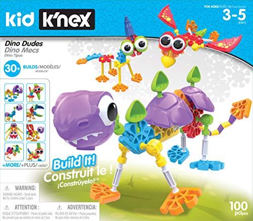 Dino Dudes-Baukasten, Kid K'NEX, Basic Fun, 85611, Bastelset für Kinder mit 100 Teilen, lustiges Konstruktionsspielzeug für Jungen und Mädchen, Dinosaurier-Spielzeug für Jungen und Mädchen Ab 3 Jahren von Basic Fun