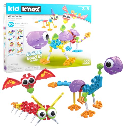 Dino Dudes-Baukasten, Kid K'NEX, Basic Fun, 85611, Bastelset für Kinder mit 100 Teilen, lustiges Konstruktionsspielzeug für Jungen und Mädchen, Dinosaurier-Spielzeug für Jungen und Mädchen Ab 3 Jahren von Basic Fun