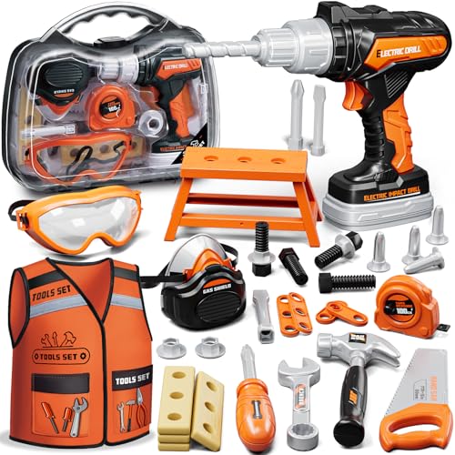 KidBloom Werkzeugkoffer Kinder Geschenk Junge 3 Jahre, Kinderspielzeug ab 3 Jahre mit Bohrmaschine und Bauarbeiter Kostüm Kinder, Spielzeug ab 3 4 5 Jahre Junge von KidBloom