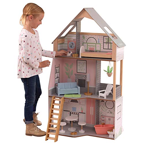 KidKraft Alina Puppenhaus aus Holz mit Möbeln und Zubehör für 30 cm große Puppen, 3-stöckiges Spielset mit Hund und beweglichen Treppe, Spielzeug für Kinder ab 3 Jahre, 10229 von KidKraft