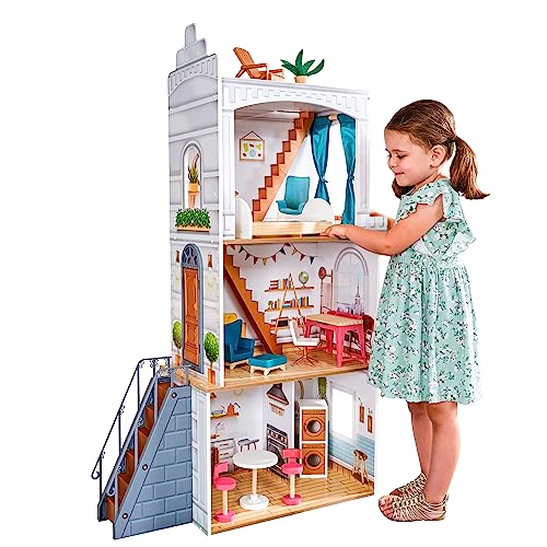 KidKraft Rowan Puppenhaus aus Holz mit Möbeln und Zubehör, Spielset im Stil eines Kanalhauses mit Dachterrasse, für 30 cm Puppen, Spielzeug für Kinder ab 3 Jahre, 10238 von KidKraft