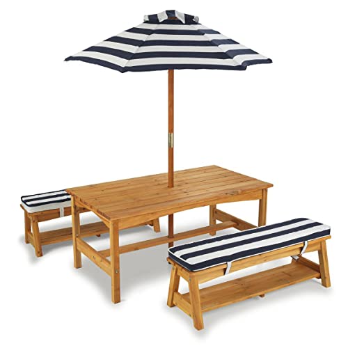 KidKraft Gartentisch mit Bank, Kissen und Sonnenschirm für Kinder, Outdoor Gartenmöbel aus Holz für Kinder, Marineblau-Weiß gestreift, 106 von KidKraft