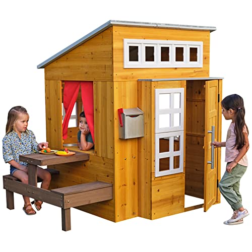 KidKraft Modernes Outdoor Spielhaus aus Holz mit Kinderküche und Gartenmöbel für Kinder, Holzspielhaus für den Garten, Spielzeug für Draußen, 00182 von KidKraft