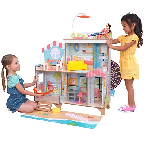KidKraft Riesenrad Strandhaus Puppenhaus aus Holz mit Möbeln und Zubehör, Spielset mit Hängematte und Strandstuhl für 30 cm Puppen, Spielzeug für Kinder ab 3 Jahre, 20053 von KidKraft