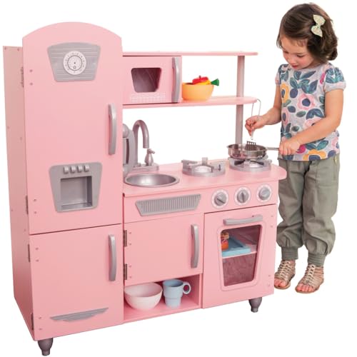 KidKraft Rosa Vintage Spielküche aus Holz mit Kindertelefon, Kinderküche mit Retro Kühlschrank, Spielzeug ab 3 Jahre, 53179 von KidKraft