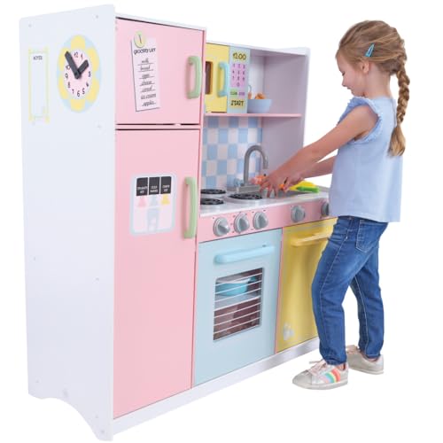 KidKraft Große Pastell Kinderküche aus Holz mit Zubehör, Spielküche mit Kochgeschirr und Spielzeug Handy, Spielzeug für Kinder ab 3 Jahre, 53181 von KidKraft