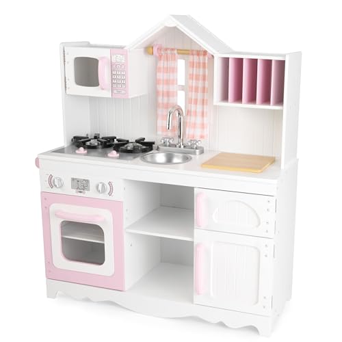 KidKraft Modern Country Kinderküche aus Holz mit Scheibengardinen, Spielküche im Landhausstil, Rosa und Weiß, Spielzeug ab 3 Jahre, 53222 [Exklusiv bei Amazon] von KidKraft