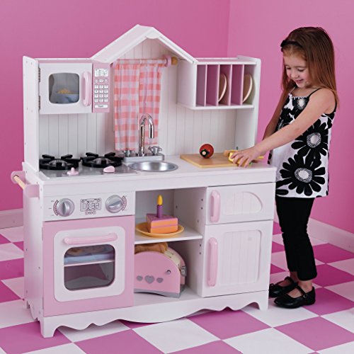KidKraft 53222 Moderne Land Holz Spielzeug Küche Pretend Play Spielzeugküche für Kinder, weiß/rosa, M von KidKraft