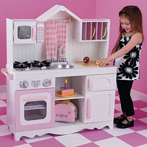 KidKraft 53222 Moderne Land Holz Spielzeug Küche Pretend Play Spielzeugküche für Kinder, weiß/rosa, M von KidKraft