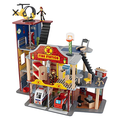 KidKraft Deluxe Feuerwehrstation Spielset aus Holz mit Feuerwehrauto, Krankenwagen, Hubschrauber, Feuerwehrmann und Hund, Spielzeug für Kinder ab 3 Jahre, 63214 von KidKraft