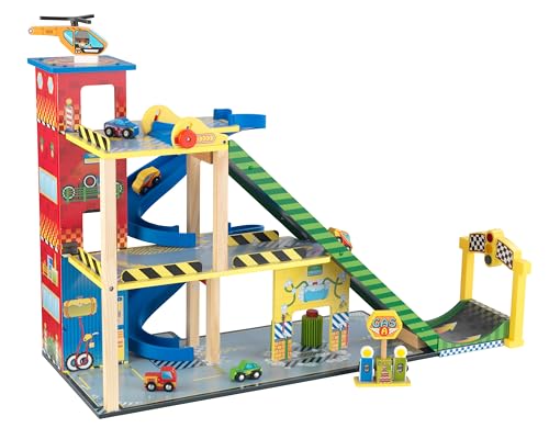 KidKraft Mega Rampe Parkgarage aus Holz mit Aufzug, Garage Spielset mit Autorennbahn, Waschstraße, Tankstelle, 4 Autos, Hubschrauber, Auto Spielzeug für Kinder ab 3 Jahre, 63267 von KidKraft