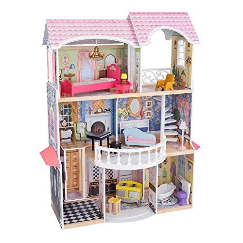 KidKraft Puppenhaus Magnolia Mansion aus Holz mit Möbeln und Zubehör, Spielset mit Balkon und Aufzug für 30 cm Puppen, Spielzeug für Kinder ab 3 Jahre, 65907 von KidKraft