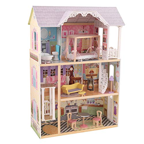 KidKraft Kaylee Puppenhaus aus Holz mit Möbeln und Zubehör, Spielset mit Aufzug und Himmelbett für 30 cm große Puppen, Spielzeug für Kinder ab 3 Jahre, 65869 von KidKraft