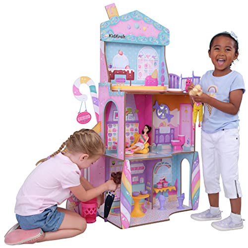 KidKraft Candy Castle Puppenhaus aus Holz mit Möbeln und Zubehör, Haus mit Lama-Einhorn-Figur, Eistütenlift und Gummibärchenstuhl für Puppen, Spielzeug für Kinder ab 3 Jahre, 20242 von KidKraft