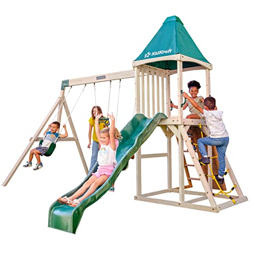 KidKraft Emerald Challenge Outdoor Klettergerüst aus Holz mit Rutsche, Schaukel, Kletterwand und Sandkasten, Outdoor Spielturm für Kinder, Gartenspielzeug, F29550E KidKraft Emerald Challenge Outdoor Klettergerüst aus Holz mit Rutsche, Schaukel, Kletterwand und Sandkasten, Outdoor Spielturm für Kinder, Gartenspielzeug, F29550E von KidKraft