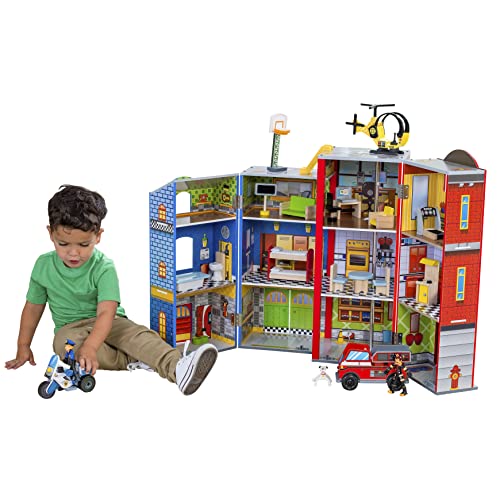 KidKraft Everyday Heroes Feuerwehrstation Spielset aus Holz mit Feuerwehrauto, Polizei Motorrad, Hubschrauber und Feuerwehrmann und Hund, Spielzeug für Kinder ab 3 Jahre, 63239 von KidKraft