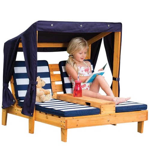 KidKraft Outdoor Doppelliege mit Dach aus Holz für Kinder, Gartenliege für 2 Personen, Sonnenliege mit Kissen Weiß Marineblau gestreift, Gartenmöbel für Kinder, 00524 von KidKraft