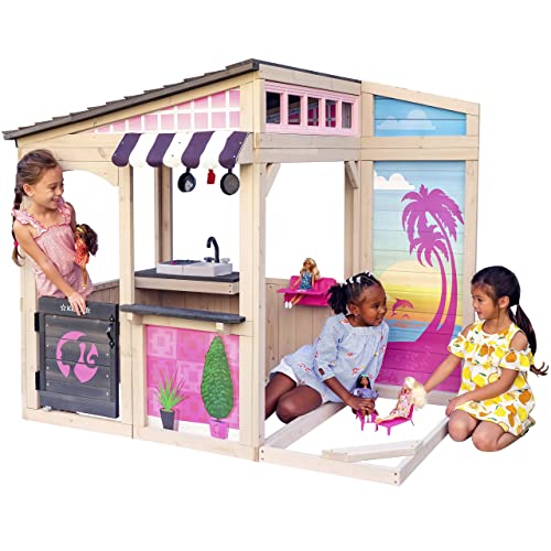 KidKraft Barbie Seaside Outdoor Spielhaus aus Holz für Kinder, Gartenspielzeug mit Kinderküche und Gartenmöbel für Barbie Puppe, Spielzeug für Draußen, Holzspielhaus für den Garten, P280192E von KidKraft
