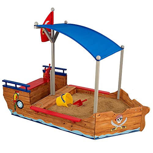 KidKraft Piratenschiff Sandkasten aus Holz mit Abdeckung, Sandkasten mit Dach, Outdoor Spiele für Kinder, Gartenspielzeug, 00128 von KidKraft