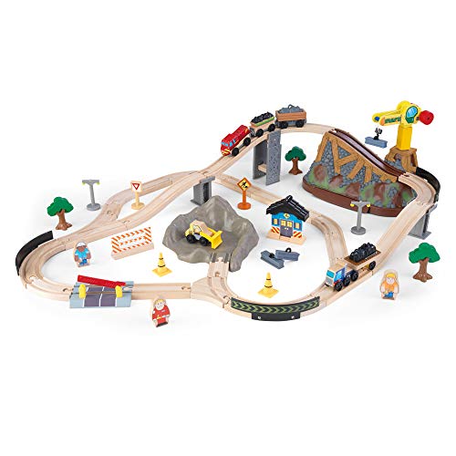 KidKraft Bucket Top Holzeisenbahn Baustelle mit Aufbewahrungsbox mit Deckel, Eisenbahn Set mit Zubehör und Baustellenfahrzeuge, Zug Spielzeug für Kinder ab 3 Jahre, 17805 von KidKraft