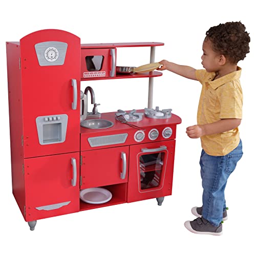 KidKraft Vintage Rot Kinderküche aus Holz mit Spieltelefon, Spielküche mit Retro Kühlschrank, Spielzeug für Kinder ab 3 Jahre, 53173 von KidKraft