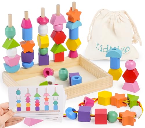 KidMigo 3-in-1 Fädelspiel ab 2 Jahre, Motorikspielzeug 2 Jahre mit Ablagefach und Karten, Holz Sortier und Stapelspielzeug, Montessori Spielzeug ab 2 3 4 5 Jahre von KidMigo