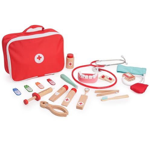 KidMigo Arztkoffer Kinder Holz 15-teiliges Doktorspiele ab 3 Jahre : Doktorkoffer Kinder Arztkoffer, Zahnarzt Spielzeug Doktorspiele mit Zubehör Stethoskop von KidMigo