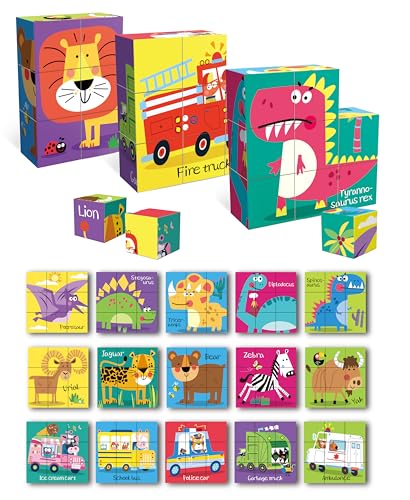 KidMigo Kinderpuzzle Bilderwürfel, 6 in 1 Baby Puzzle 3D Würfelpuzzle, Puzzlespiele mit 9 Würfel, Puzzle 2 3 4 Jahre, Spiele für Kinder ab 1 2 3 Jahr, 18.5 x 18.5cm, 3 Themen von KidMigo