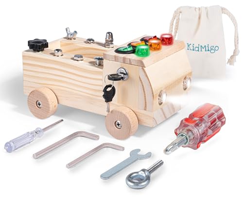 KidMigo Montessori Spielzeug ab 1 Jahr, Holz Busy Board mit LED-Lichtschalter und Schraubendreher Tools, Motorikbrett, Sensorik Spielzeug, Montessori Spielzeug ab 2 3 4 5 Jahre von KidMigo