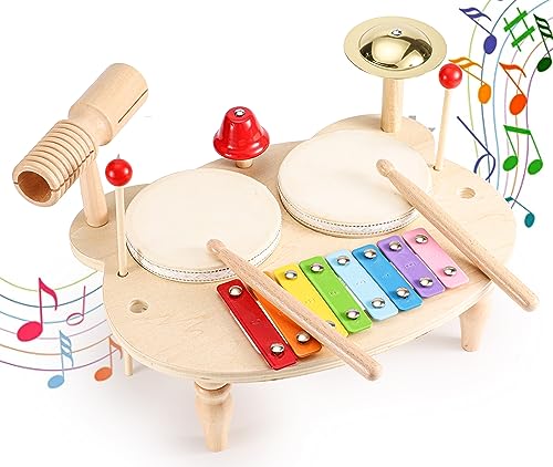 KidMigo Musikinstrumente für Kinder ab 1 Jahr, Holz Schlagzeug Kinder, 10 in 1 Musikinstrumente, Montessori Spielzeug Trommel Kinder, Geschenk Baby 1 2 3 4 5 Jahr von KidMigo