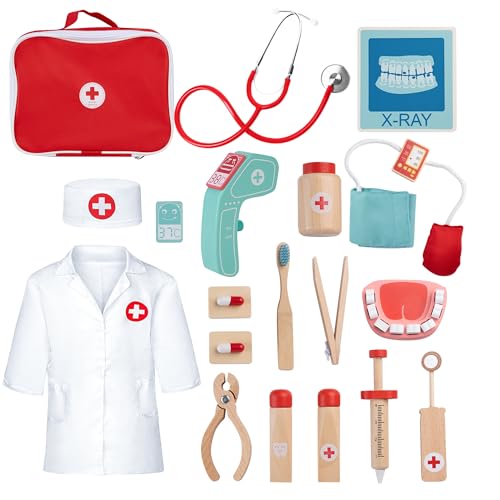 KidMigo Arztkoffer Kinder ab 3 Jahre, Holz Doktorkoffer Kinder, Zahnarzt Spielzeug mit Arztkoffer, Stetoskop Echt, Thermometer, Kinderarztkoffer Doktorspiele, Geschenk für 3 Jährige von KidMigo