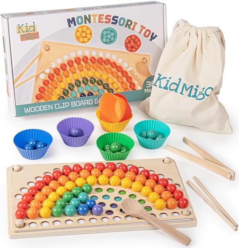 KidMigo Montessori Spielzeug, Rainbow Bead Game, Holz Clip Brettspiel, Puzzle Board, Kinder Hände Augen Gehirn Training, Ab 3 Jahr, Vorschule Geschenk für 3 4 5 6 Jahre von KidMigo