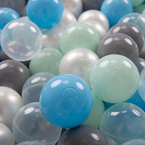 KiddyMoon 100 ∅ 7Cm Kinder Bälle Spielbälle Für Bällebad Baby Plastikbälle Made In EU, Perle/Grau/Transparent/Babyblau/Minze von KiddyMoon