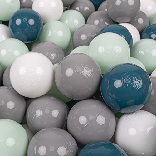 KiddyMoon 200 Bälle/7Cm Kinder Bälle Spielbälle Für Bällebad Baby Einfarbige Plastikbälle Made In EU, Dunkeltürkis/Grau/Weiß/Minze von KiddyMoon