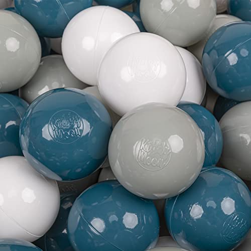 KiddyMoon 200 Bälle/7Cm Kinder Bälle Spielbälle Für Bällebad Baby Einfarbige Plastikbälle Made In EU, Dunkeltürkis/Grüngrau/Weiß von KiddyMoon