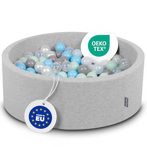 KiddyMoon Bällebad 90X30cm/300 Bälle ∅ 7Cm Bällepool Mit Bunten Bällen Für Babys Kinder Rund, Hellgrau:Perle/Grau/Transparent/Baby Blau/Mint von KiddyMoon
